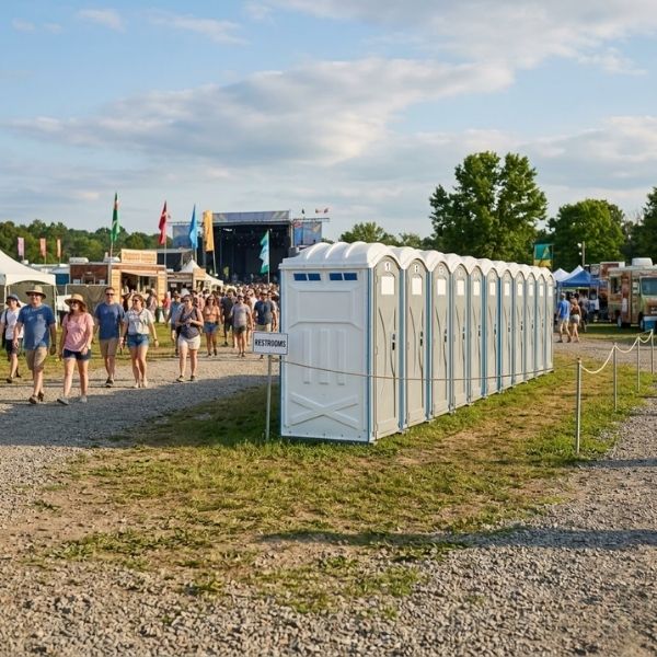 A neat row of clean portable toilets at an event site.