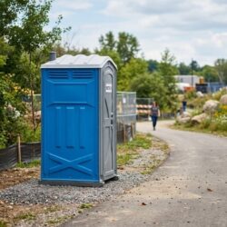 Portable restroom unit placed on level ground near a pathway.