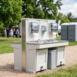 Modern portable handwashing station with soap dispensers outdoors.